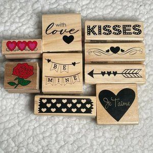 Wooden Rubber Stamps Love Be Mine Kisses Hearts Rose CraftSmart Lot of 9